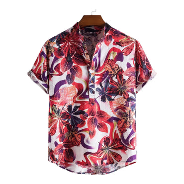 Flower Print Band Collar Shirt for men in cotton-linen blend - Dan Flashes