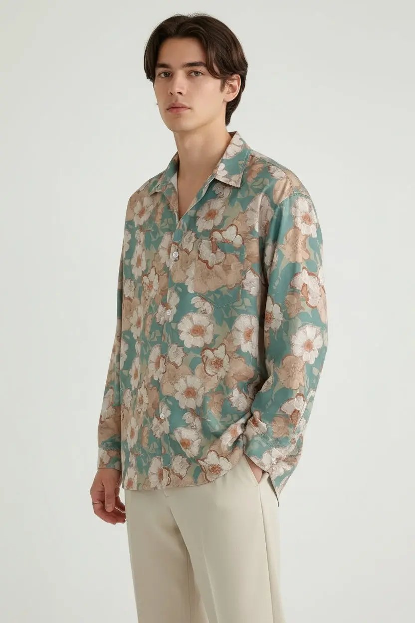 Men's Loose Casual Long Sleeve Floral Shirt Dan Flashes