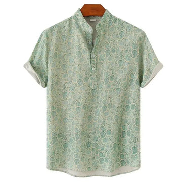 Green & Blue Band Collar Shirt for men in cotton-linen blend - Dan Flashes