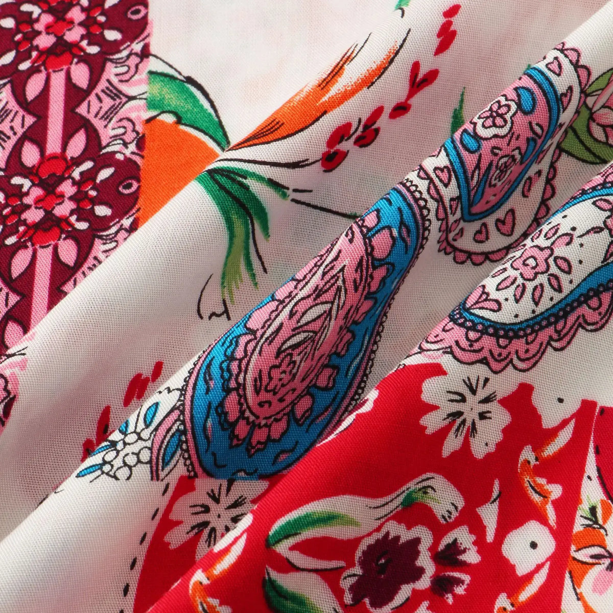 Red Paisley Patchwork Button-Up Shirt, pattern and fabric detail
