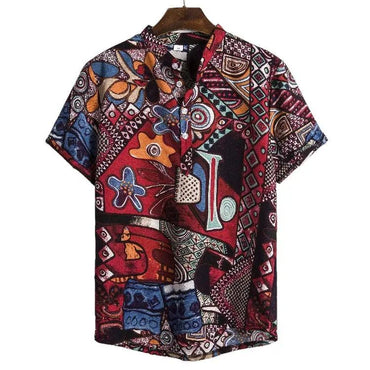 Summer Pattern Band Collar Shirt for men in cotton-linen blend - Dan Flashes