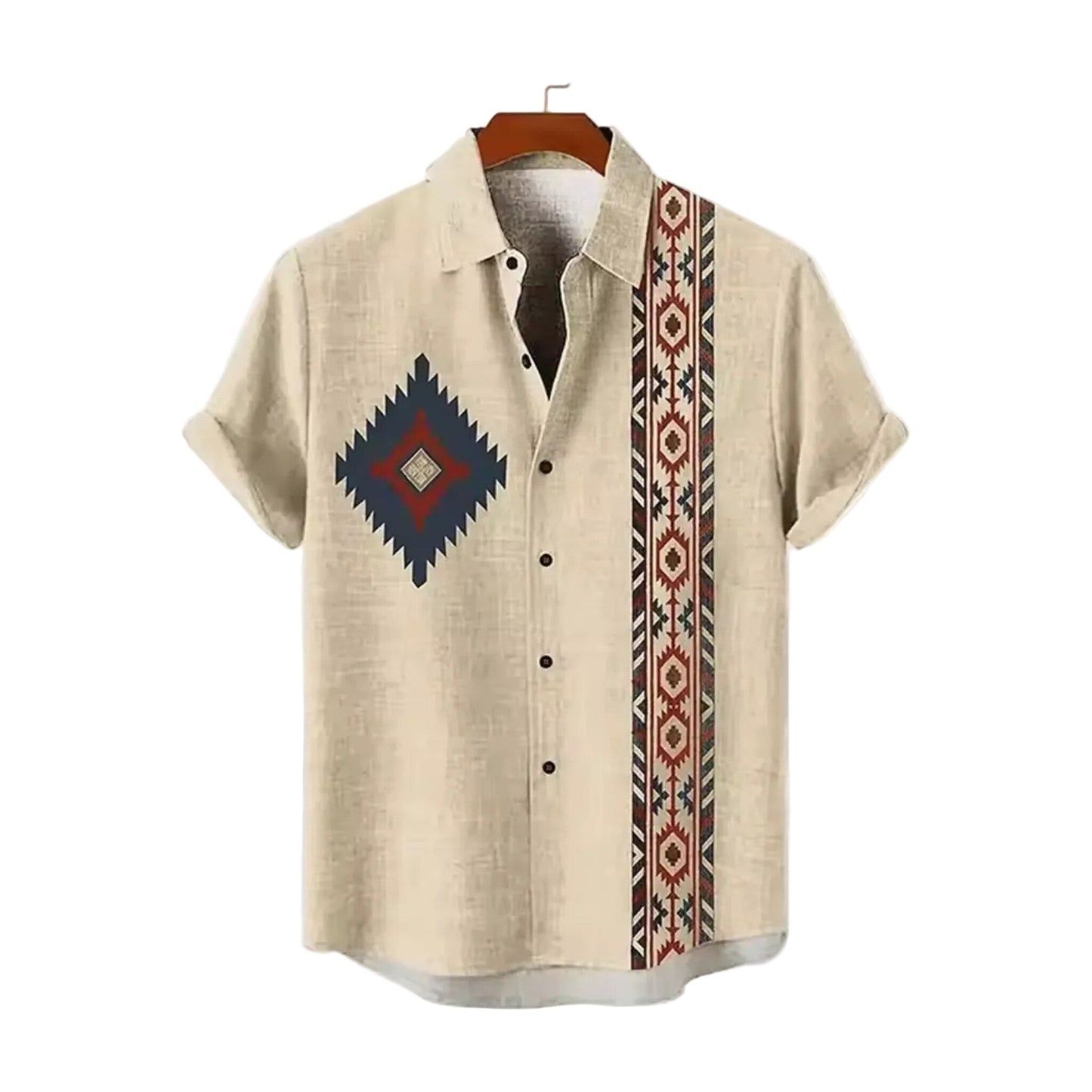Beige Aztec panel camp collar shirt for men in cotton-linen - Dan Flashes