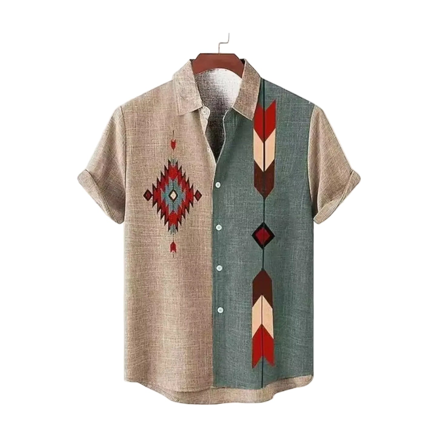 Beige and green Southwest arrow camp collar shirt for men in cotton-linen - Dan Flashes