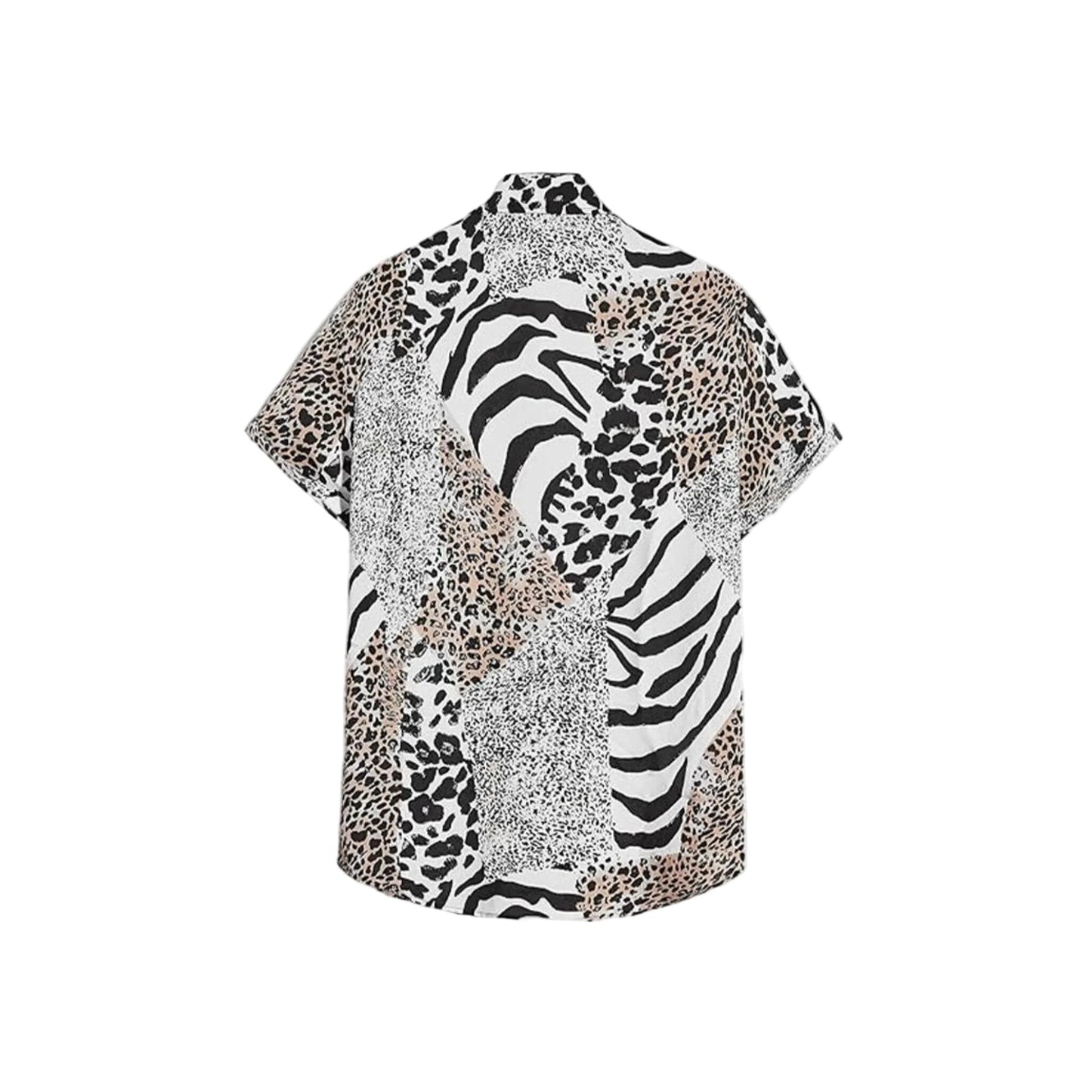 Back view of black and white mixed animal print camp collar shirt in cotton-linen - Dan Flashes