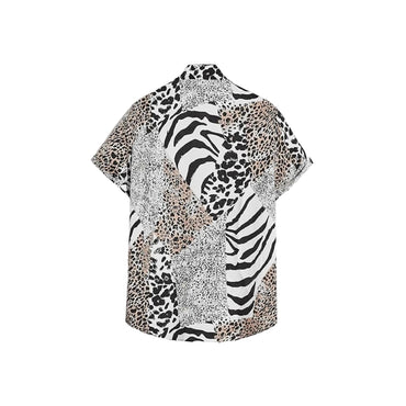 Back view of black and white mixed animal print camp collar shirt in- - Dan Flashes