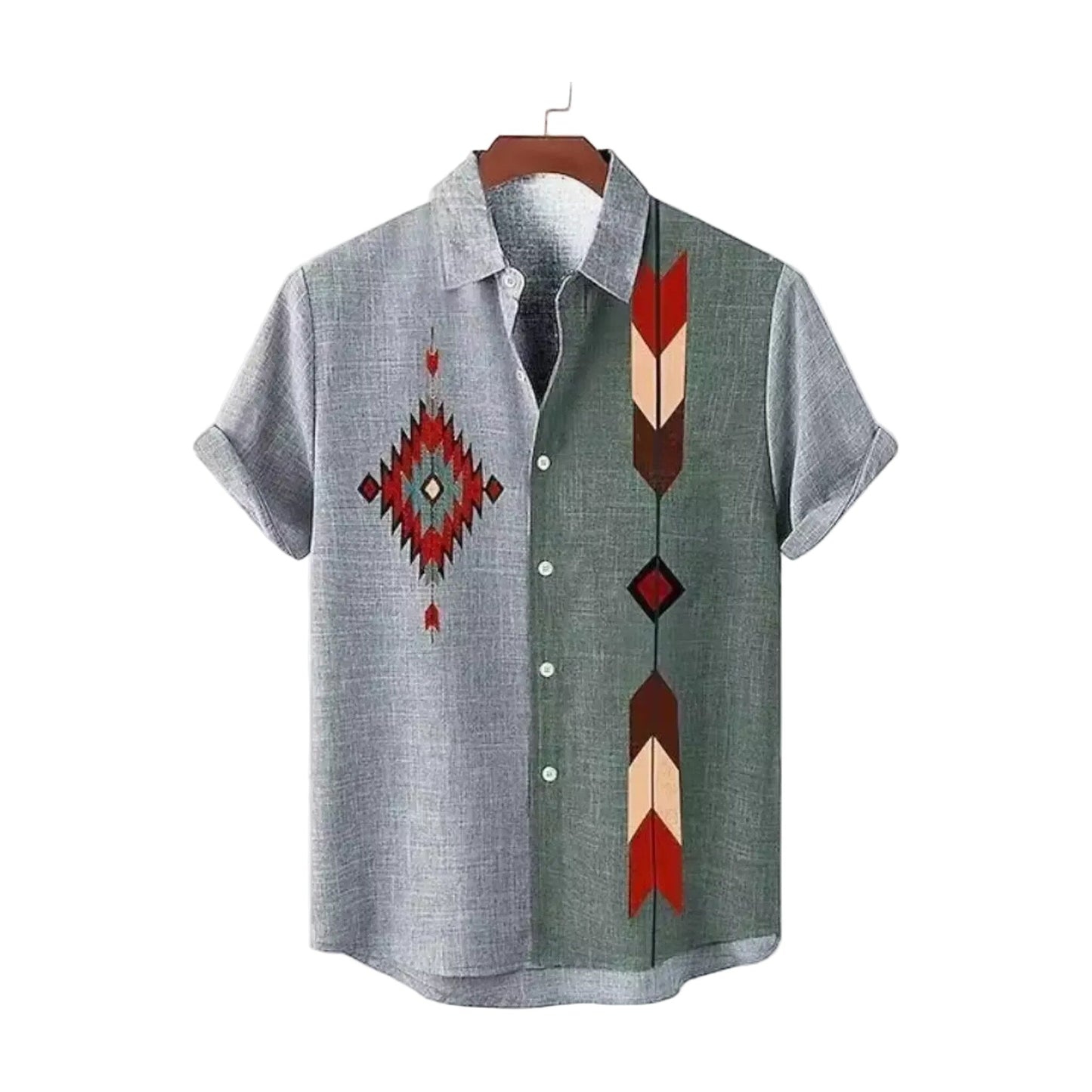 Grey and green Southwest arrow camp collar shirt for men in cotton-linen - Dan Flashes