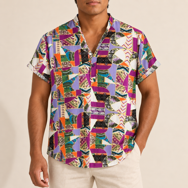 Model wearing a multicolor geometric tile band-collar shirt