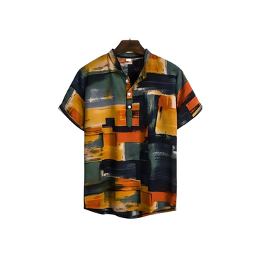 Orange abstract print band collar shirt for men in- - Dan Flashes