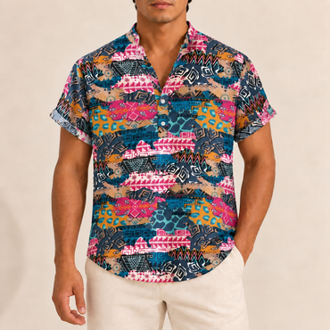 Model wearing a pink, teal and black geometric band-collar shirt