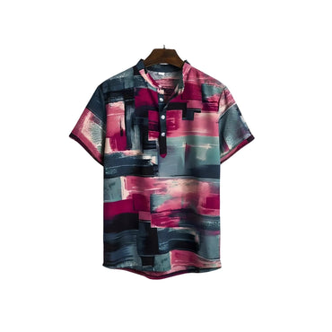 Purple and orange abstract print band collar shirt for men in- - Dan Flashes
