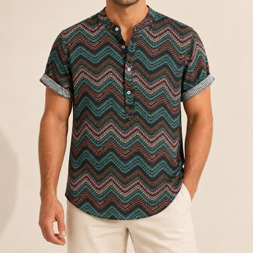 Model wearing a multicolor zigzag short-sleeve band-collar shirt