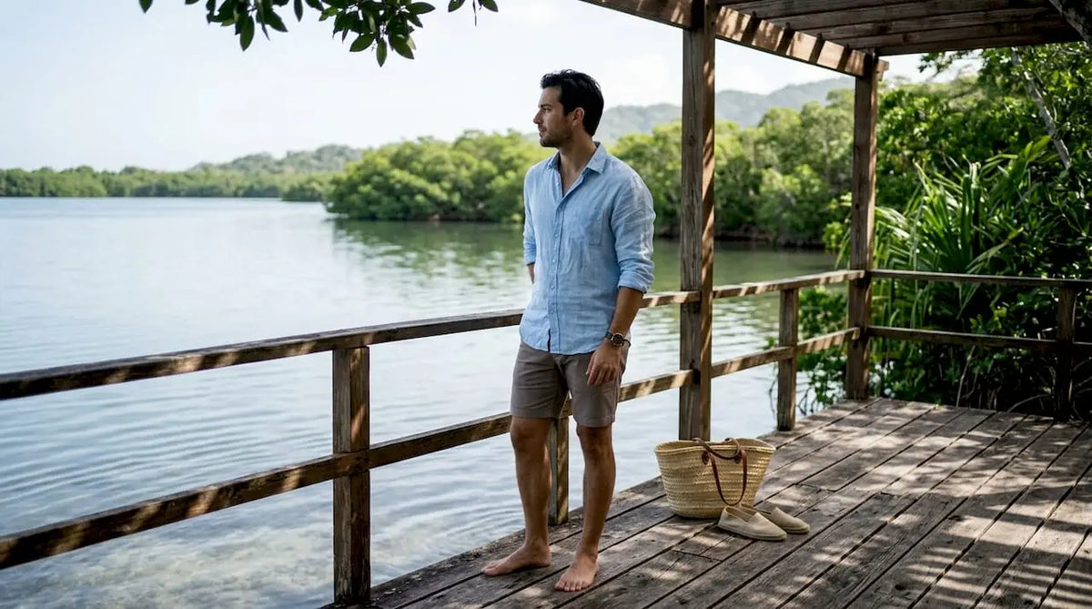 Man wearing cream linen shirt by ocean terrace