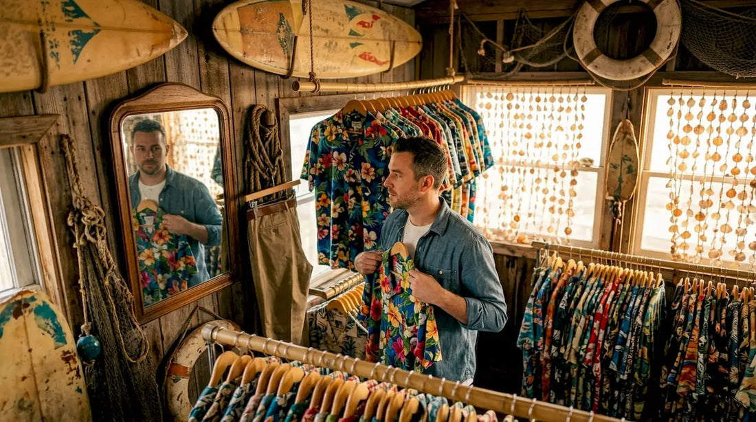 Man shopping for colorful Hawaiian shirts in boutique