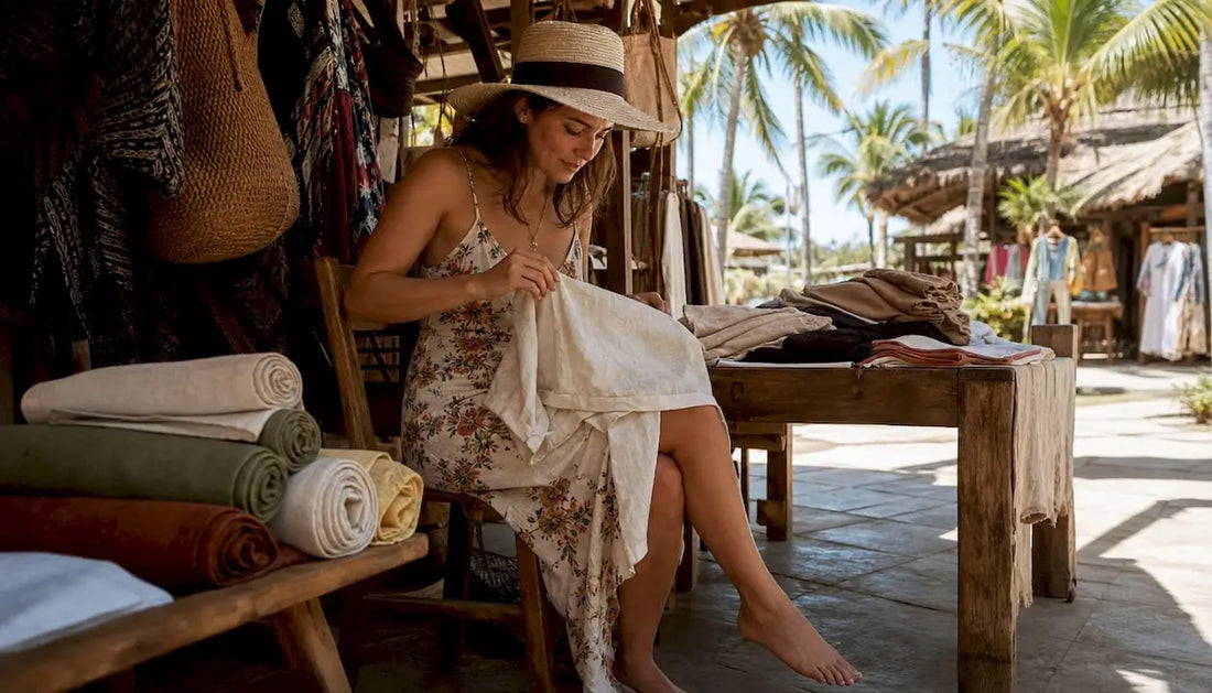 Woman folding linen shirt on tropical resort terrace