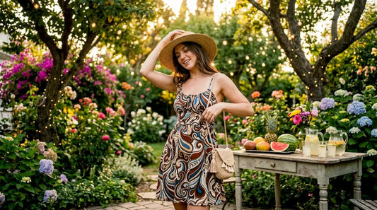 Woman in tropical outfit preparing for summer party