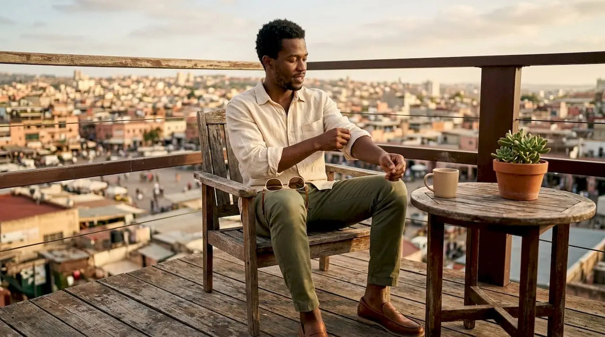 Man wearing linen shirt and chinos on rooftop