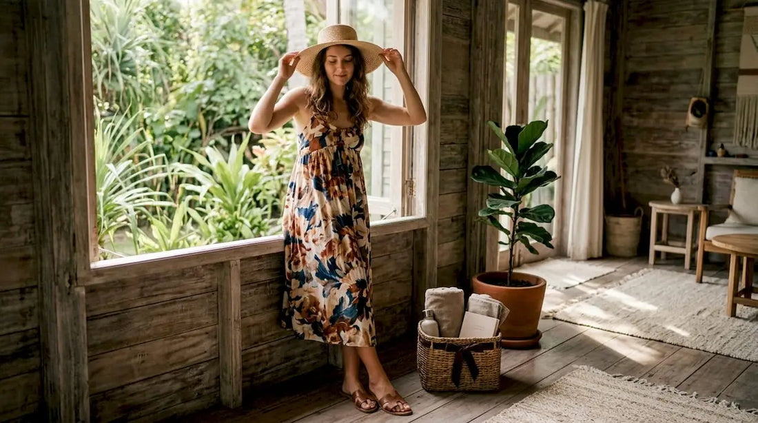 Woman in vibrant tropical dress on beach deck