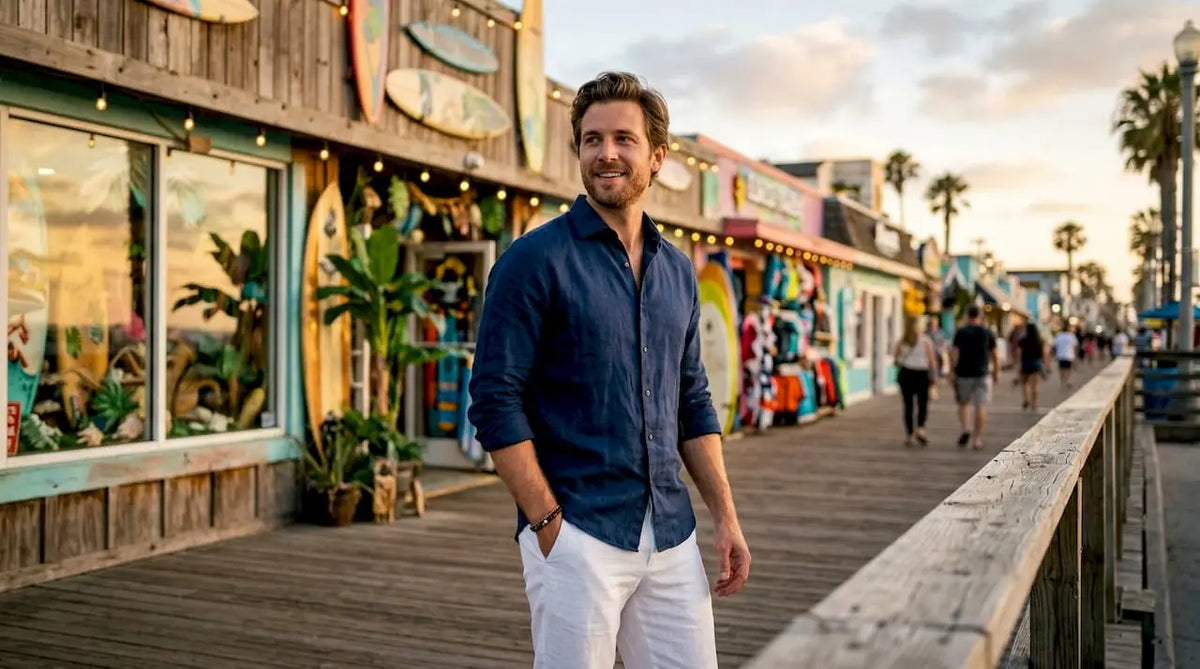 Man wearing white linen beach shirt at beach