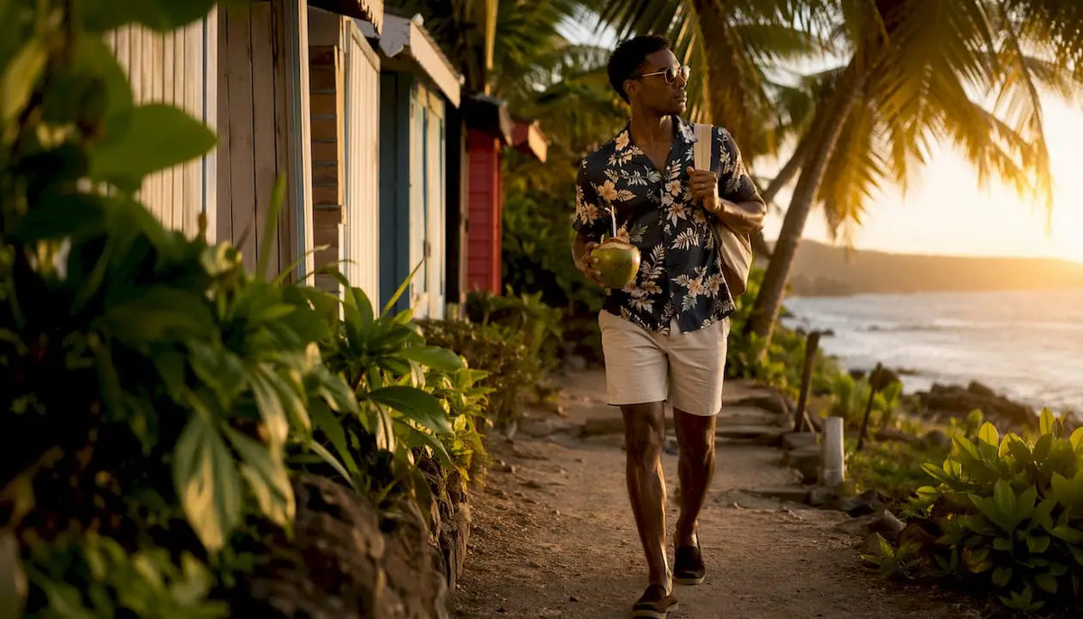 Man wearing tropical shirt confidently in city street