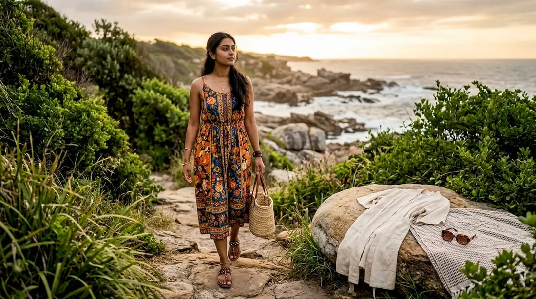 Woman in printed maxi dress on beach at sunset