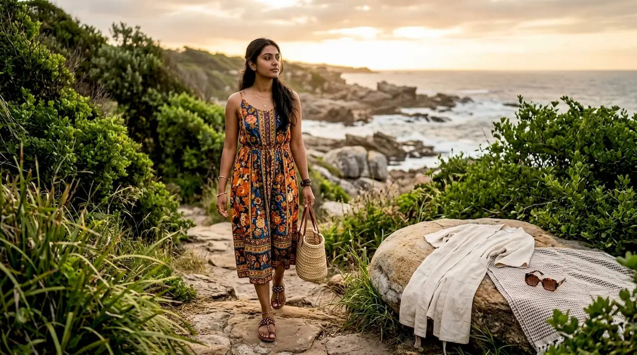 Woman in printed maxi dress on beach at sunset