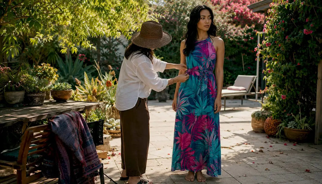 Stylist adjusting tropical print dress outdoors