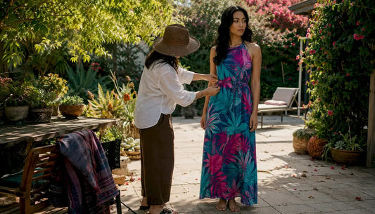 Stylist adjusting tropical print dress outdoors