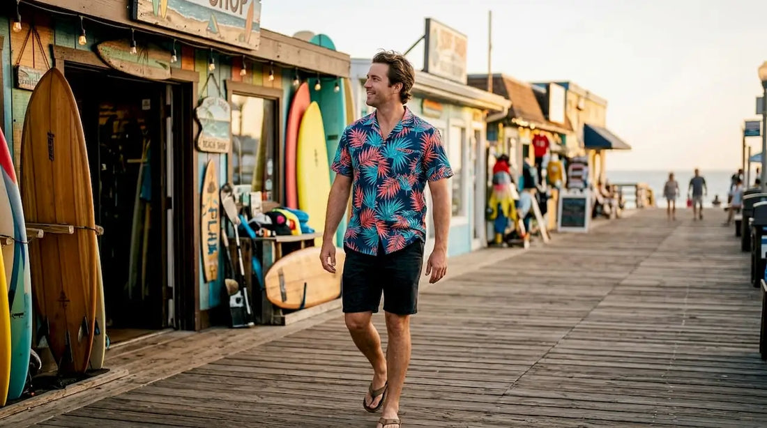 Man at tropical beach wearing Dan Flashes shirt