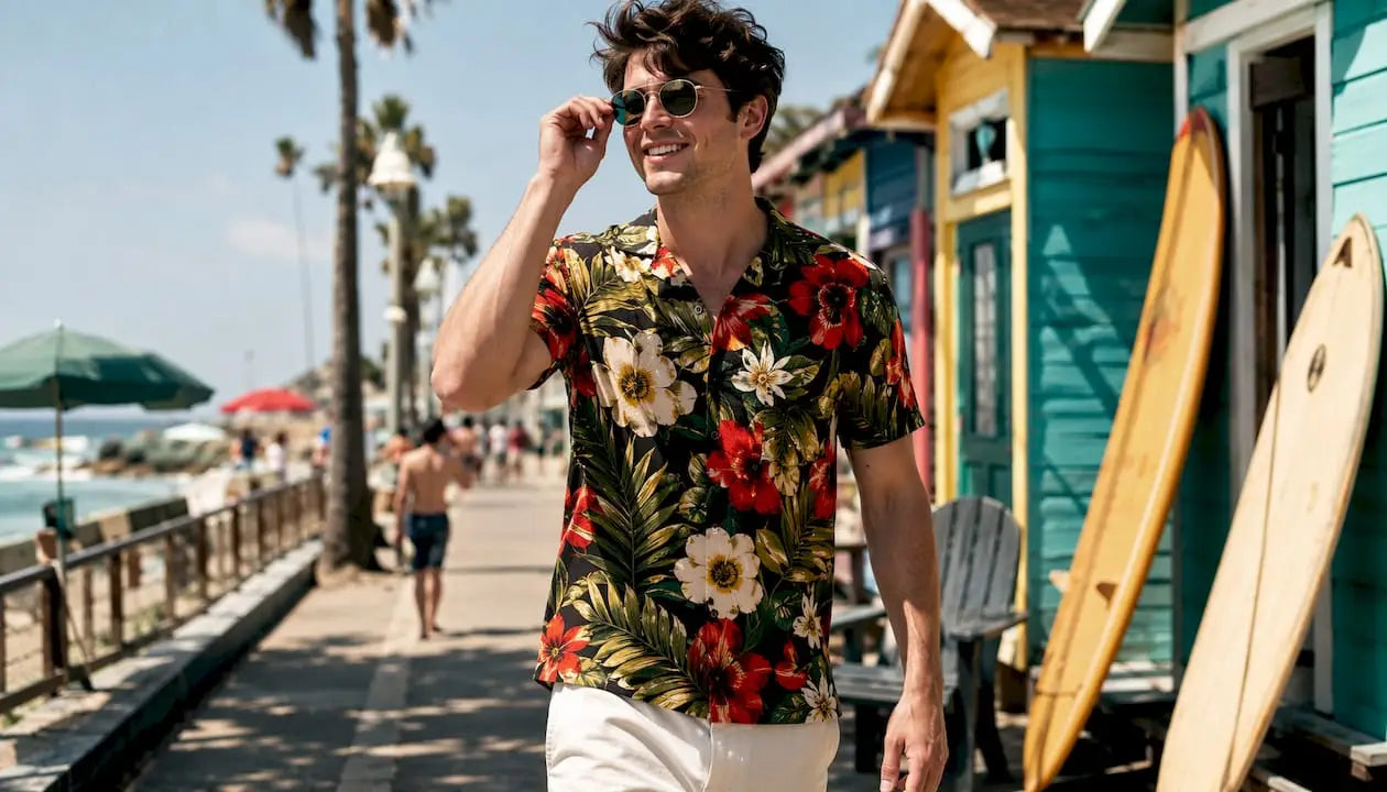 Man wearing Dan Flashes tropical shirt on beach