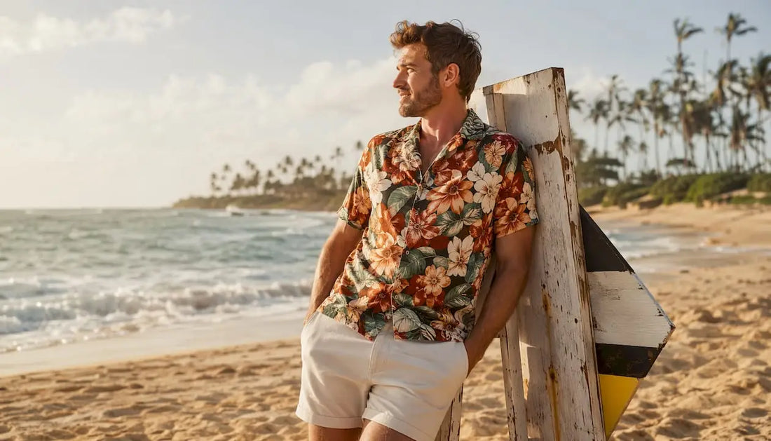 Man wearing Dan Flashes floral shirt on beach boardwalk