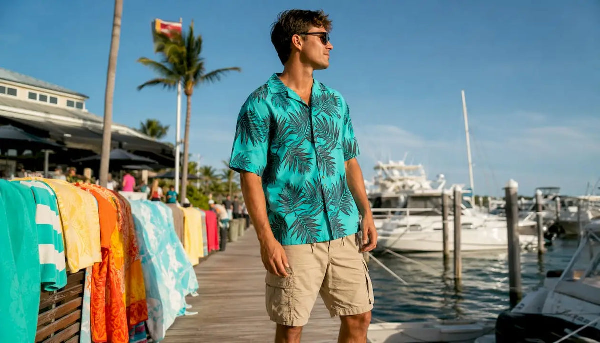 Man wearing Dan Flashes yellow floral shirt on beach boardwalk