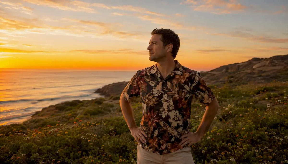Man on beach in Dan Flashes Hawaiian shirt