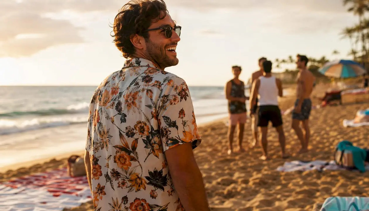 Man in floral Dan Flashes shirt at beach boardwalk