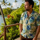 Man in Dan Flashes Hawaiian shirt on boardwalk