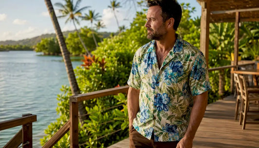 Man in Dan Flashes Hawaiian shirt on boardwalk