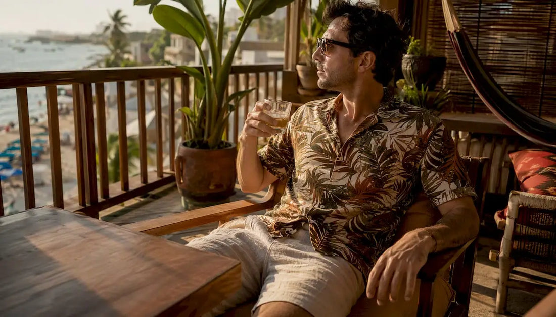 Man wearing Dan Flashes bold patterned shirt by poolside
