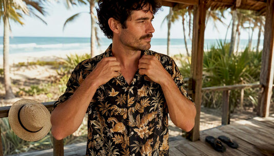 Man adjusting bold patterned Hawaiian shirt