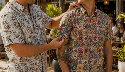 Men adjusting bamboo and cotton Dan Flashes shirts