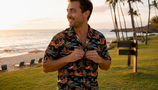 Man buttoning vibrant Hawaiian shirt at sunset beach