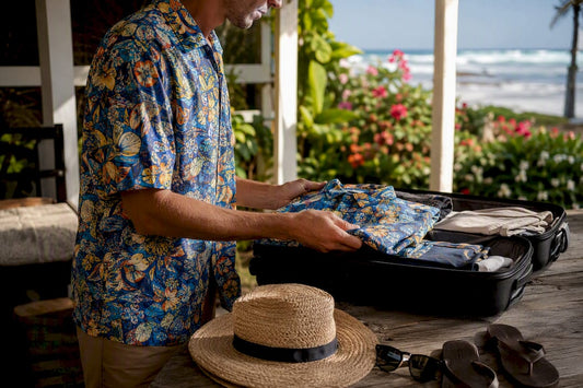 Man folding colorful Hawaiian shirt while packing