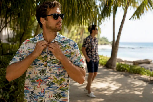 Man adjusting rayon Hawaiian shirt on tropical boardwalk