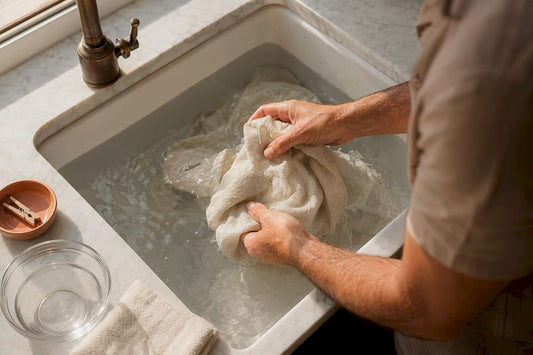 Adult man's hands rinsing linen fabric