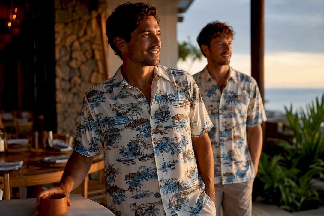 Adult men wearing coordinated vacation shirts