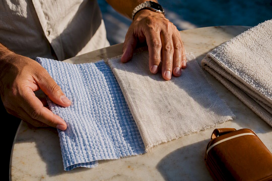 Seersucker and linen fabric swatches compared