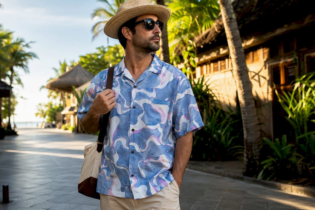 Man pairing Dan Flashes shirt with straw hat