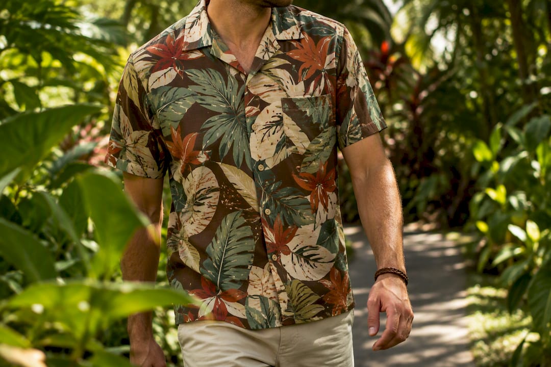 Adult man wearing a Dan Flashes Aloha shirt