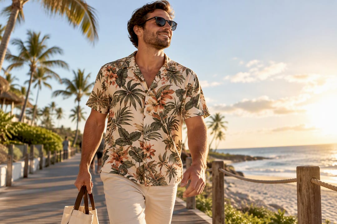 Man wearing verified tropical button down shirt