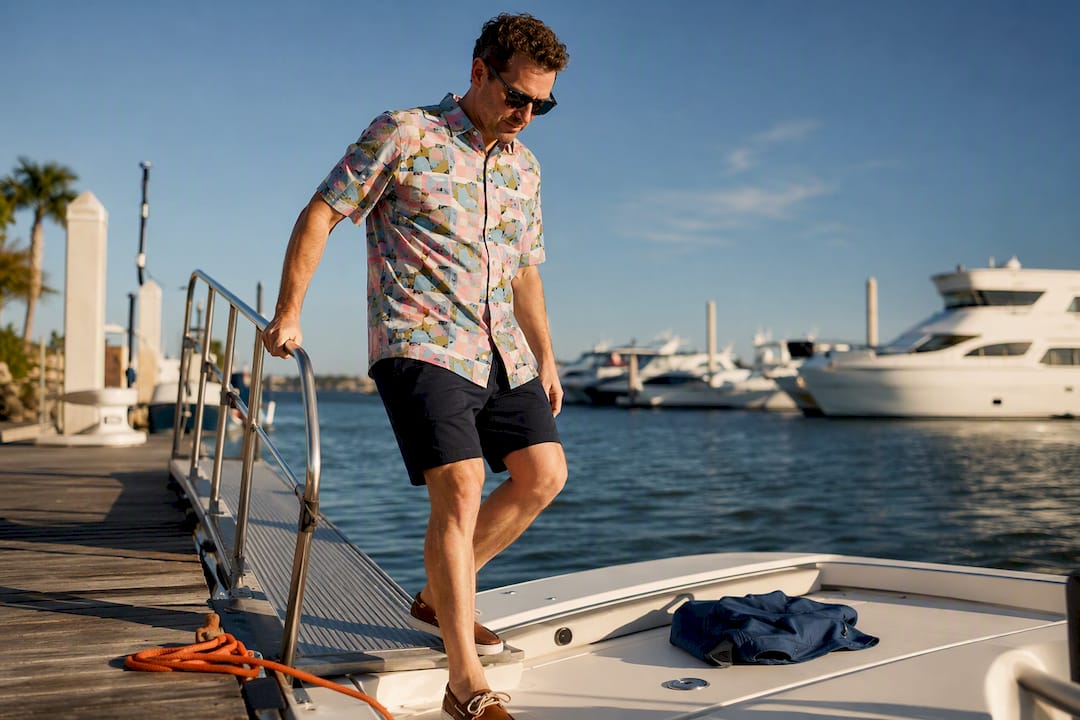 Man in bold shirt boarding boat safely