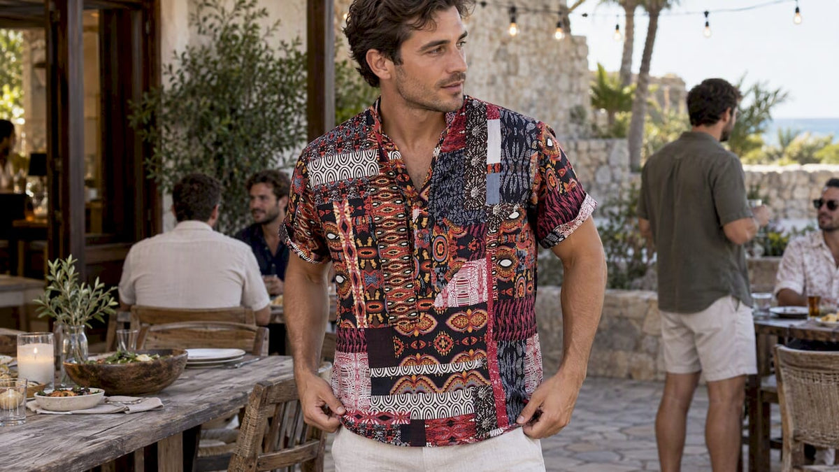Man wearing patterned shirt at rehearsal dinner