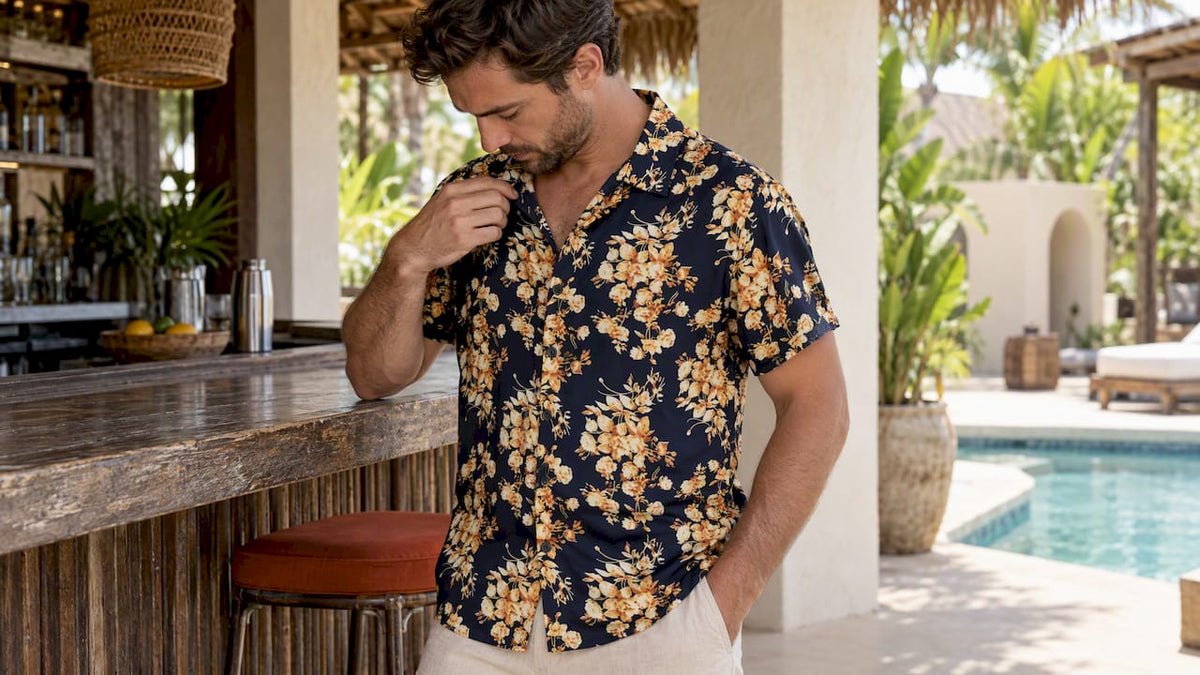Man wearing floral camp collar shirt